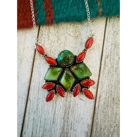 ** Christmas Collection ** Handmade Sterling Silver, Turquoise & Coral Necklace
